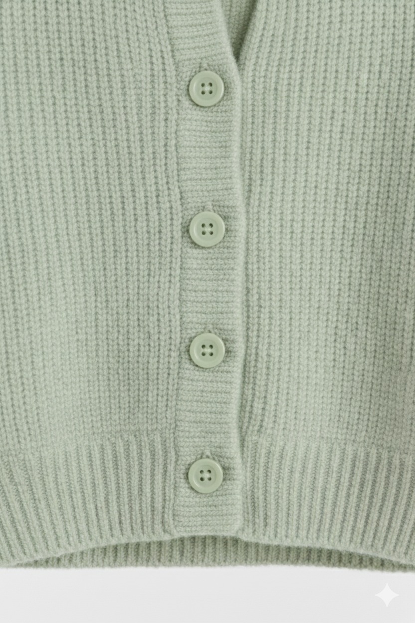 Groene cardigan close-up knoppen Groene cardigan close-up knoppen